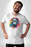 Renkli Maymun Goril Kadın Erkek Unisex Beyaz Organik Baskılı T-Shirt Penye Yüksek Kalite