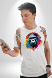 Renkli Maymun Goril Kadın Erkek Unisex Beyaz Organik Baskılı T-Shirt Penye Yüksek Kalite