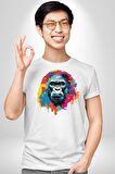 Renkli Maymun Goril Kadın Erkek Unisex Beyaz Organik Baskılı T-Shirt Penye Yüksek Kalite