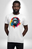 Renkli Maymun Goril Kadın Erkek Unisex Beyaz Organik Baskılı T-Shirt Penye Yüksek Kalite
