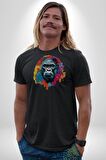 Renkli Maymun Goril Kadın Erkek Unisex Siyah Organik Baskılı T-Shirt Penye Yüksek Kalite