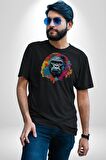 Renkli Maymun Goril Kadın Erkek Unisex Siyah Organik Baskılı T-Shirt Penye Yüksek Kalite