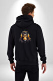 Maymun Altın Kulaklık Müzik  Kadın Erkek Siyah Renk Kapüşonlu Kanguru Cepli  Fermuarlı Pamuklu Oversize Dijital Baskılı Hırka Sweatshirt