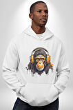 Maymun Altın Kulaklık Müzik  Kadın Erkek  Beyaz Kapüşonlu Sweatshirt Hoodie