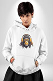 Maymun Altın Kulaklık Müzik  Kadın Erkek  Beyaz Kapüşonlu Sweatshirt Hoodie