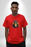 Maymun Altın Kulaklık Müzik  Pamuklu Bisiklet Yaka Kadın Erkek Oversize Boyfriend Dijital Baskılı Kırmızı T-Shirt