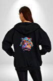 Su Aygırı Hipopotamo Renkli Kadın Erkek Siyah Renk Kapüşonlu Kanguru Cepli  Fermuarlı Pamuklu Oversize Dijital Baskılı Hırka Sweatshirt