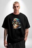 Tren Sürücüsü Gözlüklü Yorkshire  Pamuklu Bisiklet Yaka Kadın Erkek Oversize Boyfriend Dijital Baskılı Siyah T-shirt