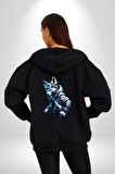 Mavi Beyaz Ateşli Kurt Kadın Erkek Siyah Renk Kapüşonlu Kanguru Cepli  Fermuarlı Pamuklu Oversize Dijital Baskılı Hırka Sweatshirt