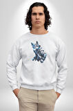 Mavi Beyaz Ateşli Kurt Kadın Erkek  Beyaz Baskılı Sweatshirt 