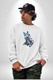 Mavi Beyaz Ateşli Kurt Kadın Erkek  Beyaz Baskılı Sweatshirt 