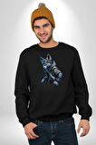 Mavi Beyaz Ateşli Kurt Kadın Erkek  Siyah Baskılı Sweatshirt 
