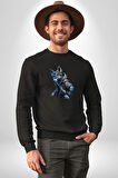 Mavi Beyaz Ateşli Kurt Kadın Erkek  Siyah Baskılı Sweatshirt 