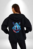 Su Aygırı Hipopotamo Renkli Kadın Erkek Siyah Renk Kapüşonlu Kanguru Cepli  Fermuarlı Pamuklu Oversize Dijital Baskılı Hırka Sweatshirt
