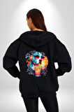 Tatil Köpek Soğuk Kokteyl İçeçek Kadın Erkek Siyah Renk Kapüşonlu Kanguru Cepli  Fermuarlı Pamuklu Oversize Dijital Baskılı Hırka Sweatshirt