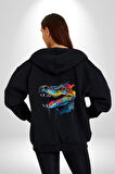 Timsah Renkli Kafası  Kadın Erkek Siyah Renk Kapüşonlu Kanguru Cepli  Fermuarlı Pamuklu Oversize Dijital Baskılı Hırka Sweatshirt