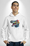 Timsah Renkli Kafası  Kadın Erkek  Beyaz Kapüşonlu Sweatshirt Hoodie