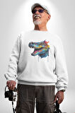 Timsah Renkli Kafası  Kadın Erkek  Beyaz Baskılı Sweatshirt 