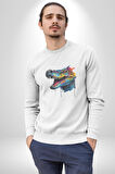 Timsah Renkli Kafası  Kadın Erkek  Beyaz Baskılı Sweatshirt 