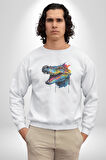 Timsah Renkli Kafası  Kadın Erkek  Beyaz Baskılı Sweatshirt 