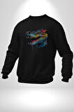 Timsah Renkli Kafası  Kadın Erkek  Siyah Baskılı Sweatshirt 