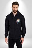 Kulaklık Ayı Panda Kadın Erkek Siyah Renk Kapüşonlu Kanguru Cepli  Fermuarlı Pamuklu Oversize Dijital Baskılı Hırka Sweatshirt