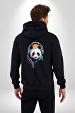 Kulaklık Ayı Panda Kadın Erkek Siyah Renk Kapüşonlu Kanguru Cepli  Fermuarlı Pamuklu Oversize Dijital Baskılı Hırka Sweatshirt