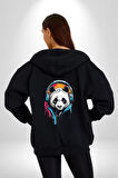 Kulaklık Ayı Panda Kadın Erkek Siyah Renk Kapüşonlu Kanguru Cepli  Fermuarlı Pamuklu Oversize Dijital Baskılı Hırka Sweatshirt