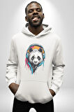 Kulaklık Ayı Panda Kadın Erkek  Beyaz Kapüşonlu Sweatshirt Hoodie