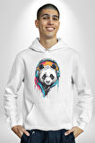 Kulaklık Ayı Panda Kadın Erkek  Beyaz Kapüşonlu Sweatshirt Hoodie