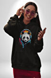 Kulaklık Ayı Panda Kadın Erkek  Siyah Kapüşonlu Sweatshirt Hoodie