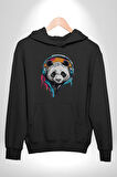 Kulaklık Ayı Panda Kadın Erkek  Siyah Kapüşonlu Sweatshirt Hoodie