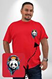 Kulaklık Ayı Panda Kırmızı Büyük Beden Kadın Basic Minimal Baskılı Tişört