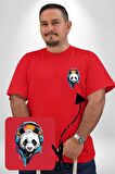 Kulaklık Ayı Panda Kırmızı Büyük Beden Kadın Basic Minimal Baskılı Tişört