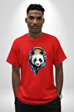 Kulaklık Ayı Panda Pamuklu Bisiklet Yaka Kadın Erkek Oversize Boyfriend Dijital Baskılı Kırmızı T-Shirt