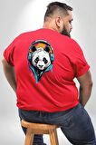 Kulaklık Ayı Panda Büyük Beden Kırmızı Tişört Kadın Erkek Ünisex Sırt Baskılı