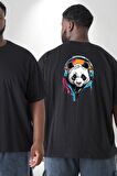 Kulaklık Ayı Panda Büyük Beden Siyah Tişört Kadın Erkek Ünisex Sırt Baskılı