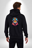 Kulaklık Kedi Leopar Bandana Kadın Erkek Siyah Renk Kapüşonlu Kanguru Cepli  Fermuarlı Pamuklu Oversize Dijital Baskılı Hırka Sweatshirt