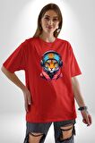 Kulaklık Kedi Leopar Bandana Pamuklu Bisiklet Yaka Kadın Erkek Oversize Boyfriend Dijital Baskılı Kırmızı T-Shirt