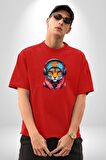 Kulaklık Kedi Leopar Bandana Pamuklu Bisiklet Yaka Kadın Erkek Oversize Boyfriend Dijital Baskılı Kırmızı T-Shirt