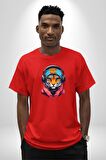 Kulaklık Kedi Leopar Bandana Pamuklu Bisiklet Yaka Kadın Erkek Oversize Boyfriend Dijital Baskılı Kırmızı T-Shirt