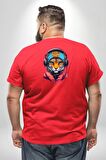 Kulaklık Kedi Leopar Bandana Büyük Beden Kırmızı Tişört Kadın Erkek Ünisex Sırt Baskılı