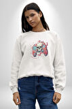 Oyun Kumandası İnsanı Ele Geçirişi Kadın Erkek  Beyaz Baskılı Sweatshirt 