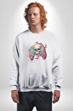 Oyun Kumandası İnsanı Ele Geçirişi Kadın Erkek  Beyaz Baskılı Sweatshirt 