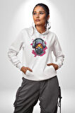 Maske Duman Corona Müzik Kulaklık  Kadın Erkek  Beyaz Kapüşonlu Sweatshirt Hoodie