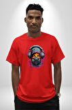 Maske Duman Corona Müzik Kulaklık  Pamuklu Bisiklet Yaka Kadın Erkek Oversize Boyfriend Dijital Baskılı Kırmızı T-Shirt