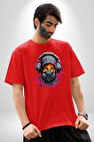 Maske Duman Corona Müzik Kulaklık  Pamuklu Bisiklet Yaka Kadın Erkek Oversize Boyfriend Dijital Baskılı Kırmızı T-Shirt