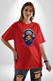 Maske Duman Corona Müzik Kulaklık  Pamuklu Bisiklet Yaka Kadın Erkek Oversize Boyfriend Dijital Baskılı Kırmızı T-Shirt
