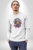 Maske Duman Corona Müzik Kulaklık  Kadın Erkek  Beyaz Baskılı Sweatshirt 