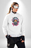 Maske Duman Corona Müzik Kulaklık  Kadın Erkek  Beyaz Baskılı Sweatshirt 